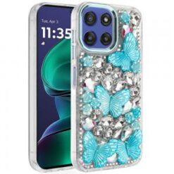 Moto G Stylus 5G 2026/2025 Lavished Floral Butterfly Bling Stones Hybrid Case - Blue