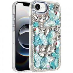 iPhone 17E / 16E / SE4 Lavished Floral Butterfly Bling Stones Hybrid Case - Blue