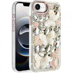 iPhone 17E / 16E / SE4 Lavished Floral Butterfly Bling Stones Hybrid Case - Rose Gold