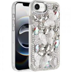 iPhone 17E / 16E / SE4 Lavished Floral Butterfly Bling Stones Hybrid Case - Silver