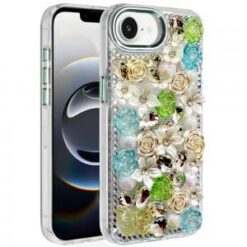 iPhone 17E / 16E / SE4 Muti-Color Rose Bling Stones Ornaments Case - Green