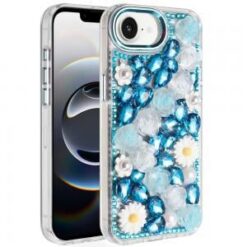 iPhone 17E / 16E / SE4 Spectacular Full Bling Stones Glitter HQ Hybrid Floral Series - Blue