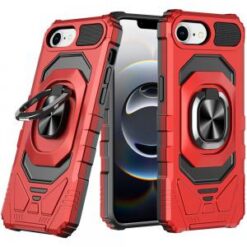iPhone 17E / 16E / SE4 Robotic Hybrid with Magnetic Ring Stand Case Cover - Red