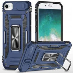 iPhone 17E / 16E / SE4 Utter Tough Metal Ring Movable Camera Window Hybrid Case Cover - Navy blu