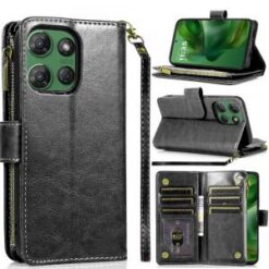 Moto G Power 2026/2025 Luxury Wallet Card ID Zipper Money Holder Case Cover - Black