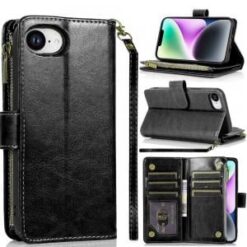 iPhone 17E / 16E / SE4 Luxury Wallet Card ID Zipper Money Holder - Black