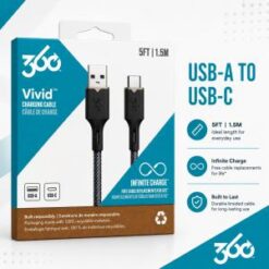 360 Fluid USB TO C Braided Charging Cable 5ft - Black (E2 360-7)
