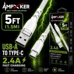[5FT FAST CABLE] (2.4A USB-TypeC WHITE) - BRAIDED - (LANE C BOXES ITEM 17)